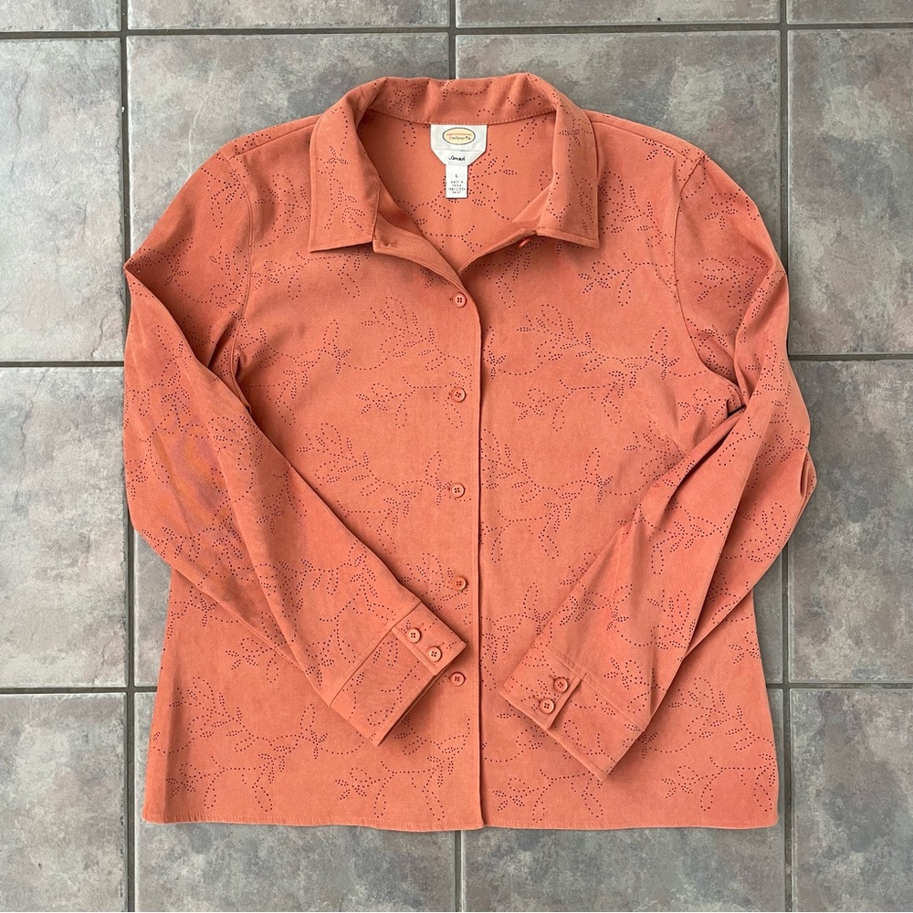 Talbots Button Up Casual Shirt Women Large Orange‎ Floral Perforated Long Sleeve